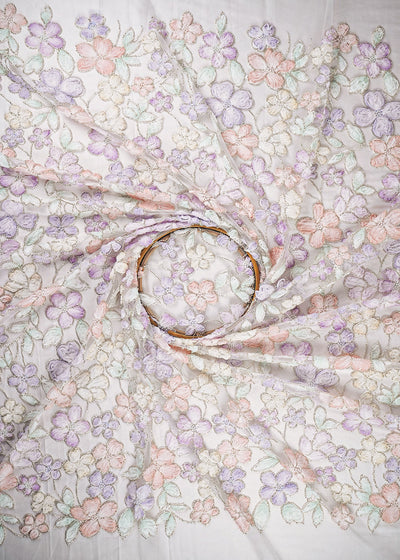 White Imported Net Fabric With All Over Bead And Ribbon Work 23448