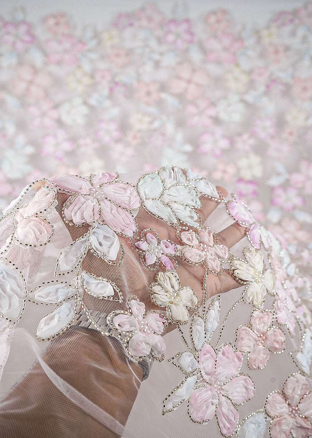 White Net Fabric With All Over Bead And Ribbon Work 23449