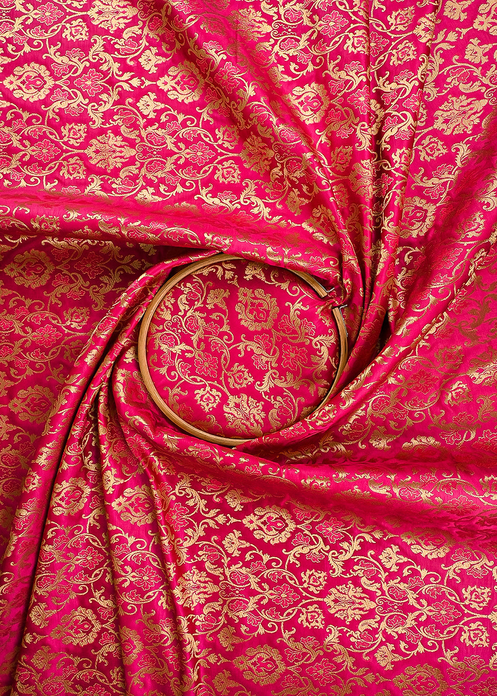 Rani Pink Banarasi Brocade Fabric With All Over Golden Zari Handloom 23459