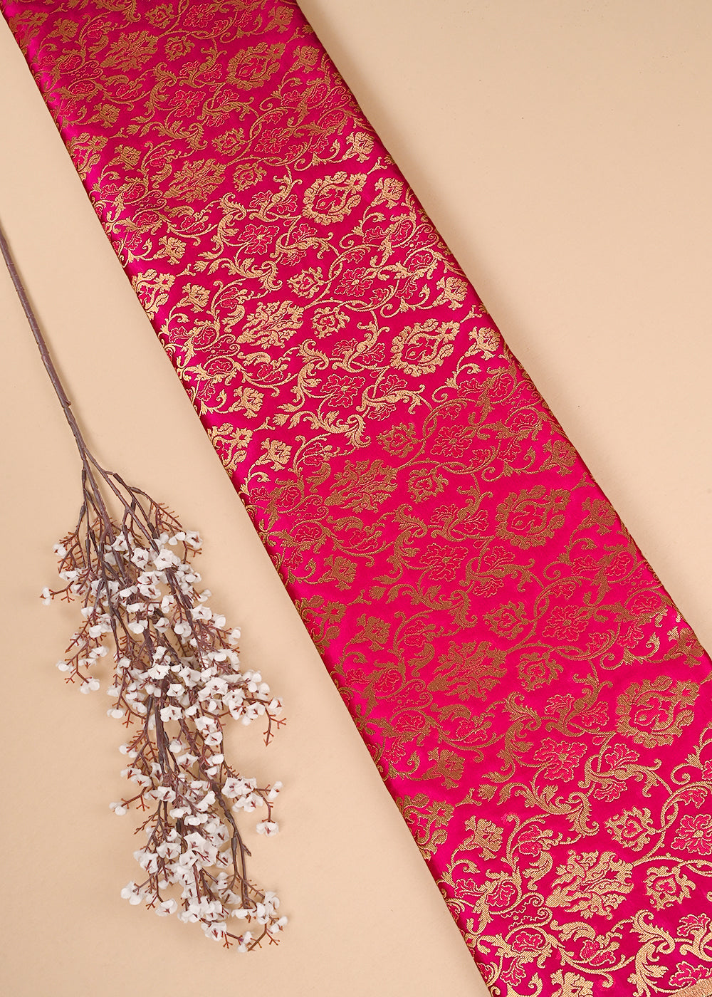 Rani Pink Banarasi Brocade Fabric With All Over Golden Zari Handloom 23459