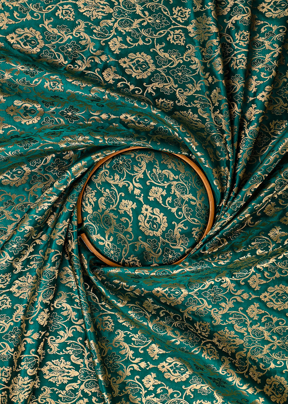 Teal Green Banarasi Brocade Fabric With All Over Golden Zari Handloom 23461