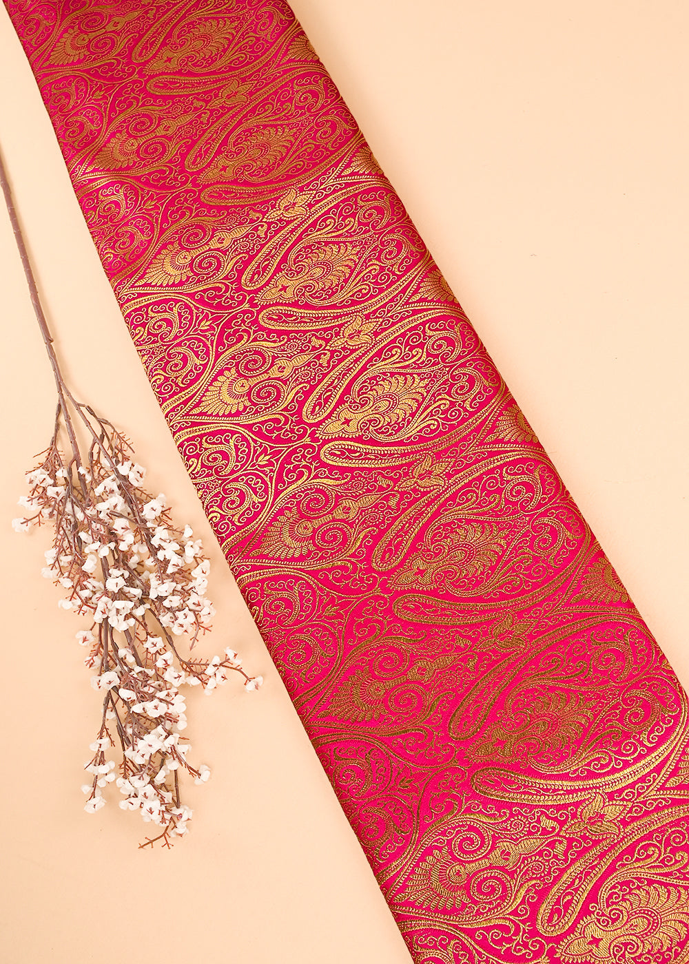 Rani Pink Banarasi Brocade Fabric With All Over Golden Zari Handloom 23462