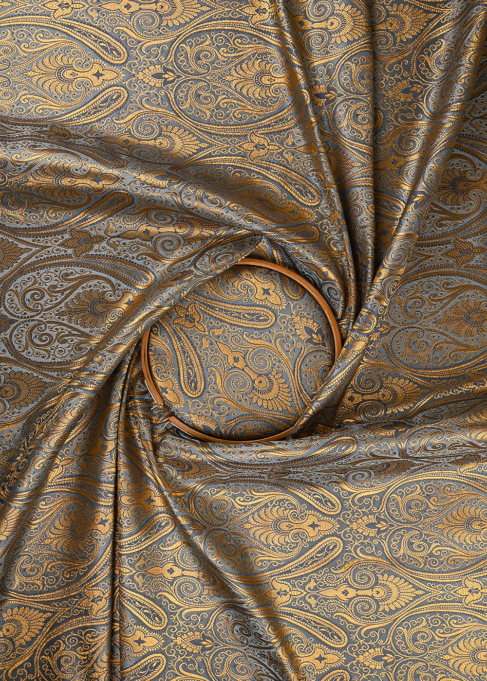 Grey Banarasi Brocade Fabric With All Over Golden Zari Handloom 23463