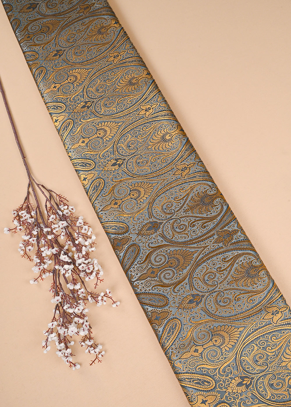 Grey Banarasi Brocade Fabric With All Over Golden Zari Handloom 23463