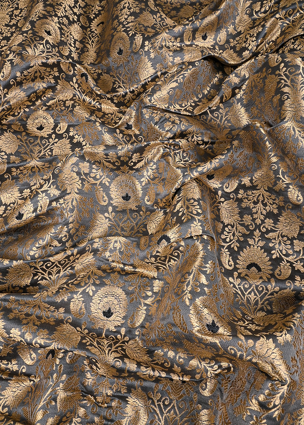 Grey Banarasi Brocade Fabric With All Over Golden Zari Handloom 23465