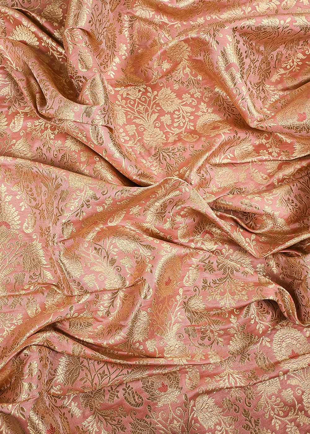Peach Pink Banarasi Brocade Fabric With All Over Golden Zari Handloom 23467