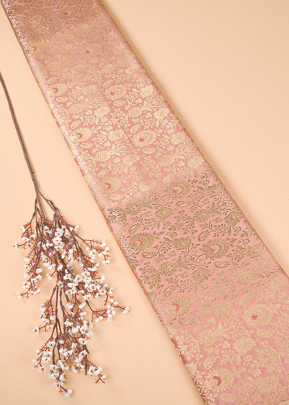 Peach Pink Banarasi Brocade Fabric With All Over Golden Zari Handloom 23467