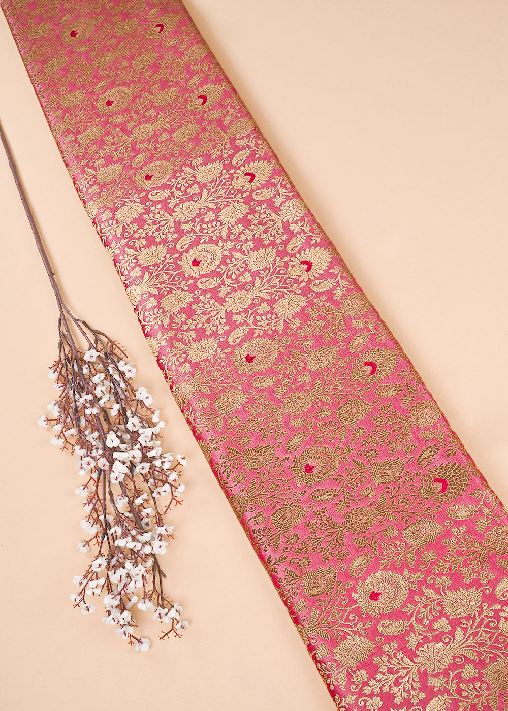 Pink Banarasi Brocade Fabric With All Over Golden Zari Handloom 23468