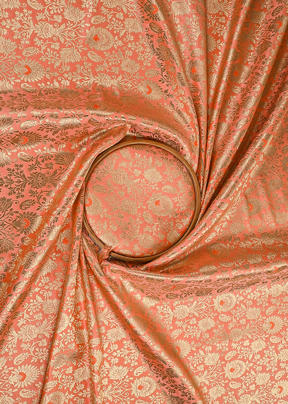 Peach Banarasi Brocade Fabric With All Over Golden Zari Handloom 23469