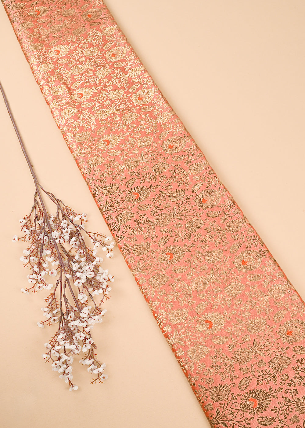 Peach Banarasi Brocade Fabric With All Over Golden Zari Handloom 23469
