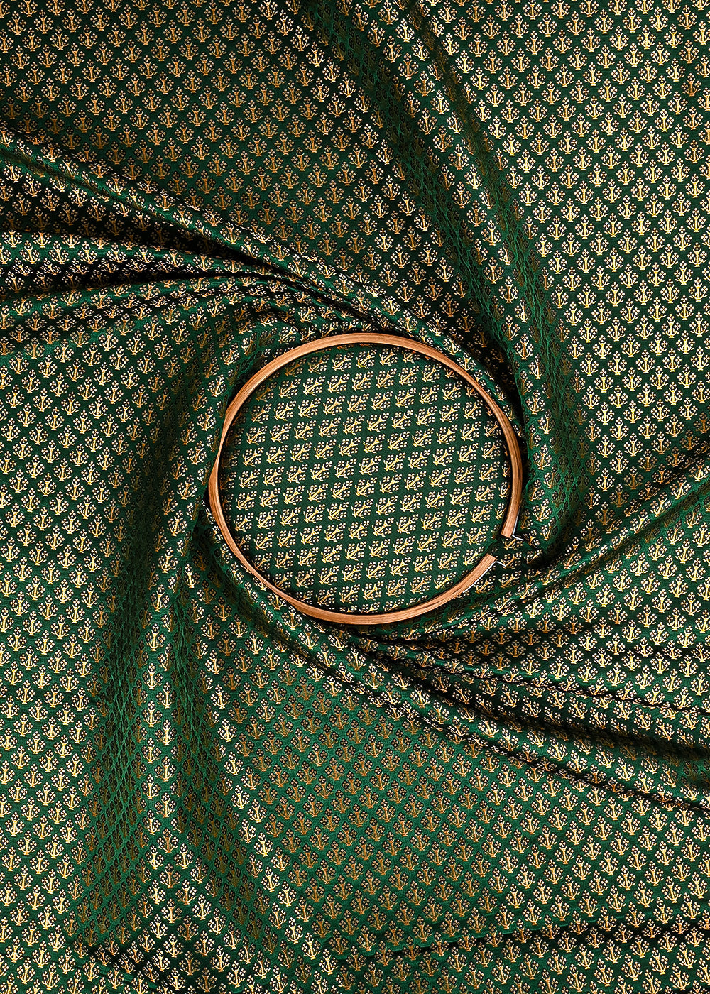 Bottle Green Banarasi Brocade Fabric With All Over Golden Zari Handloom 23473