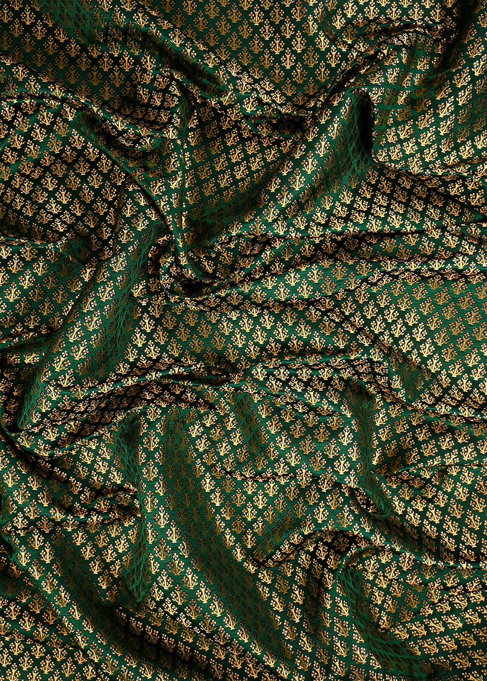 Bottle Green Banarasi Brocade Fabric With All Over Golden Zari Handloom 23473