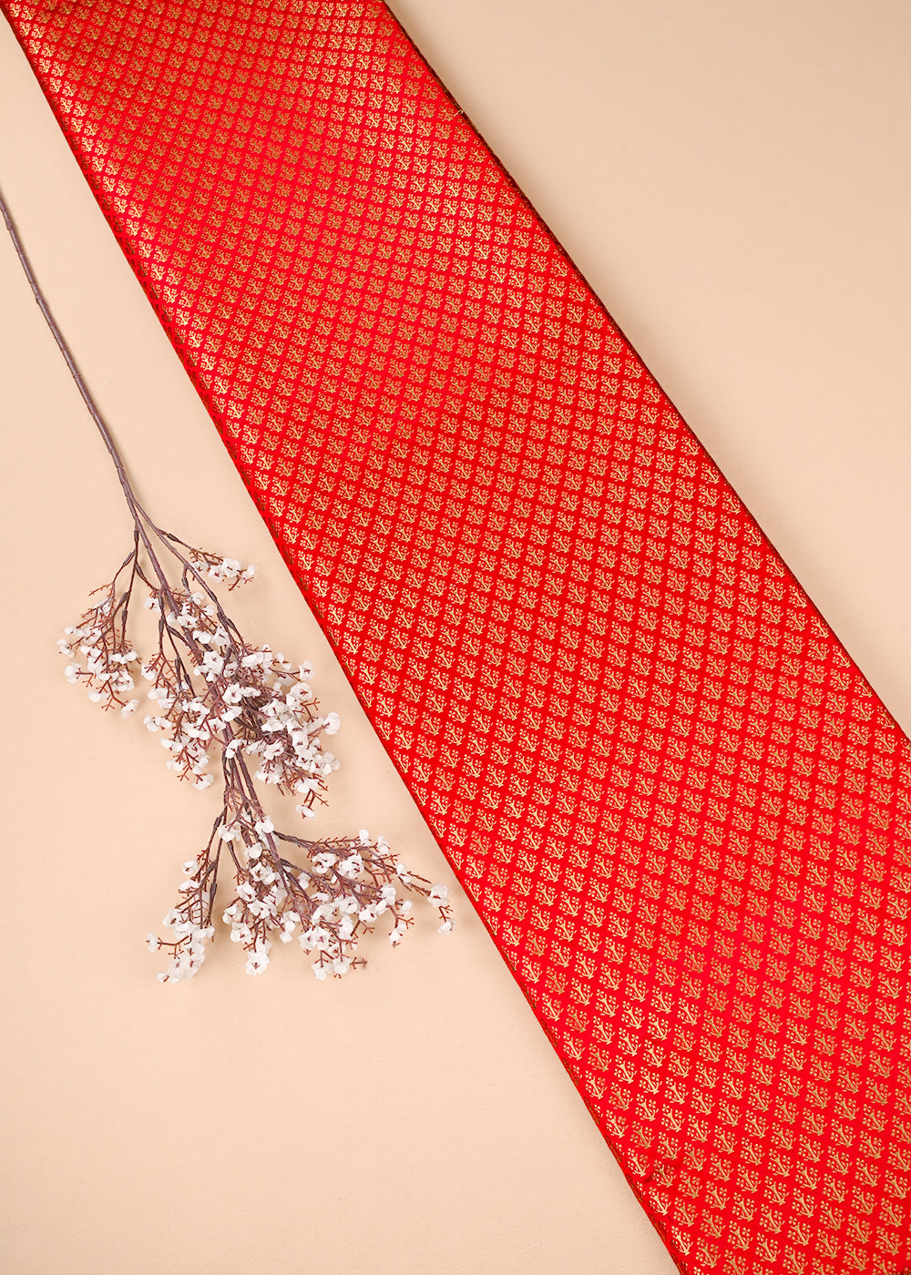 Red Banarasi Brocade Fabric With All Over Golden Zari Handloom 23475