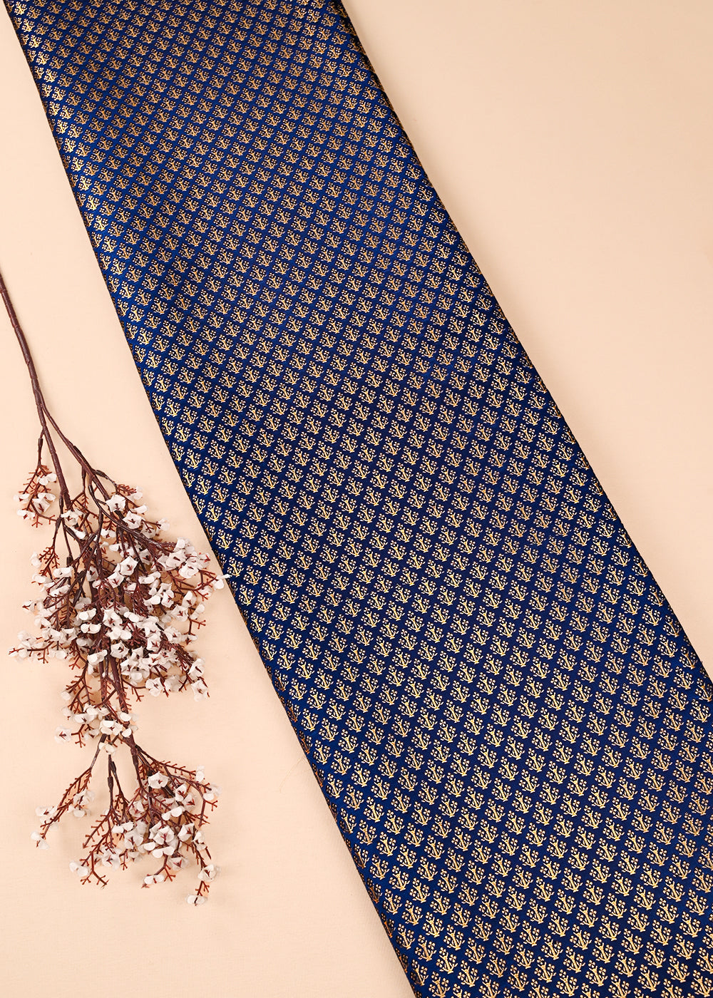 Navy Blue Banarasi Brocade Fabric With All Over Golden Zari Handloom 23477