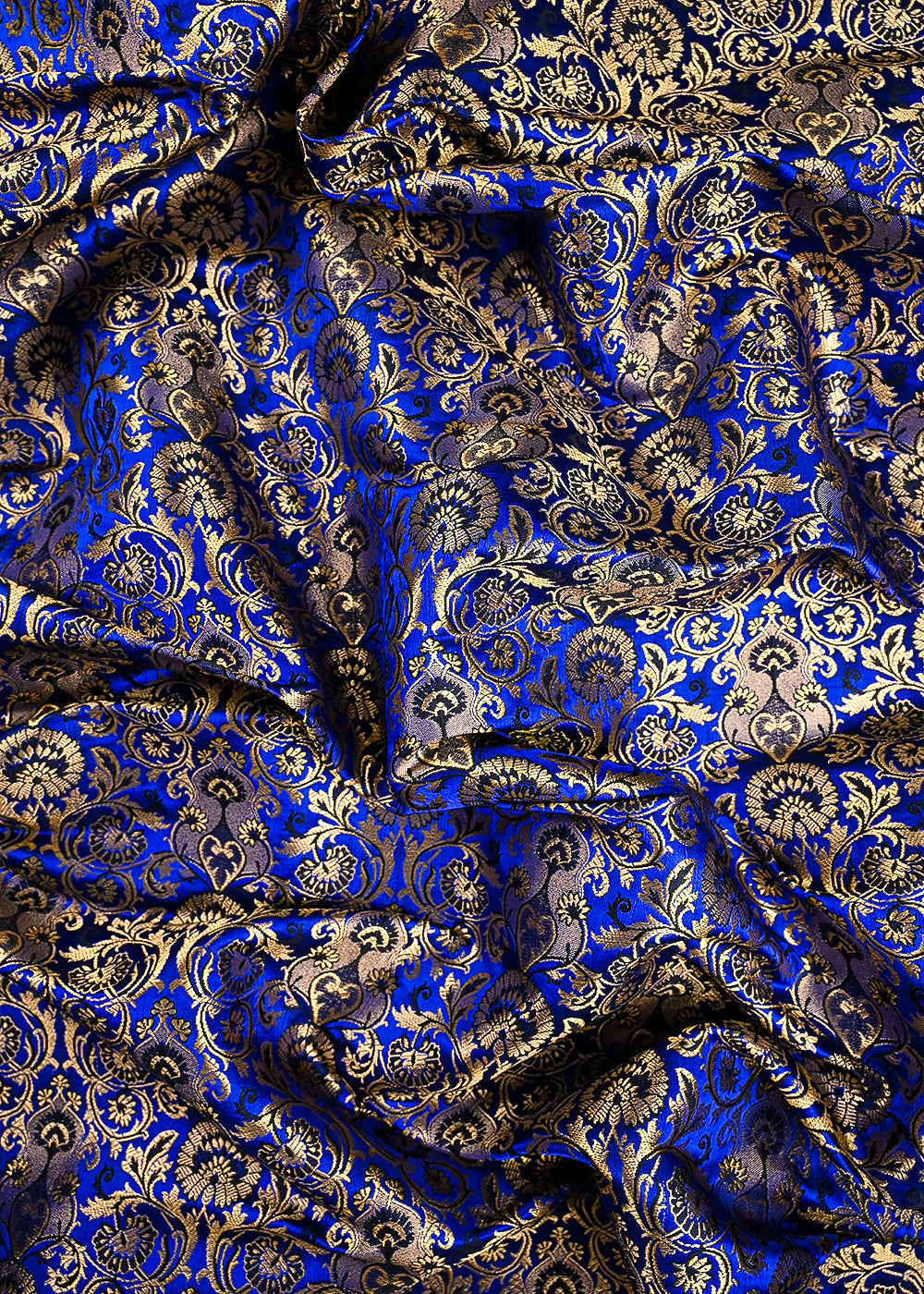 Royal Blue Banarasi Brocade Fabric With All Over Thered And Golden Zari Handloom 23478