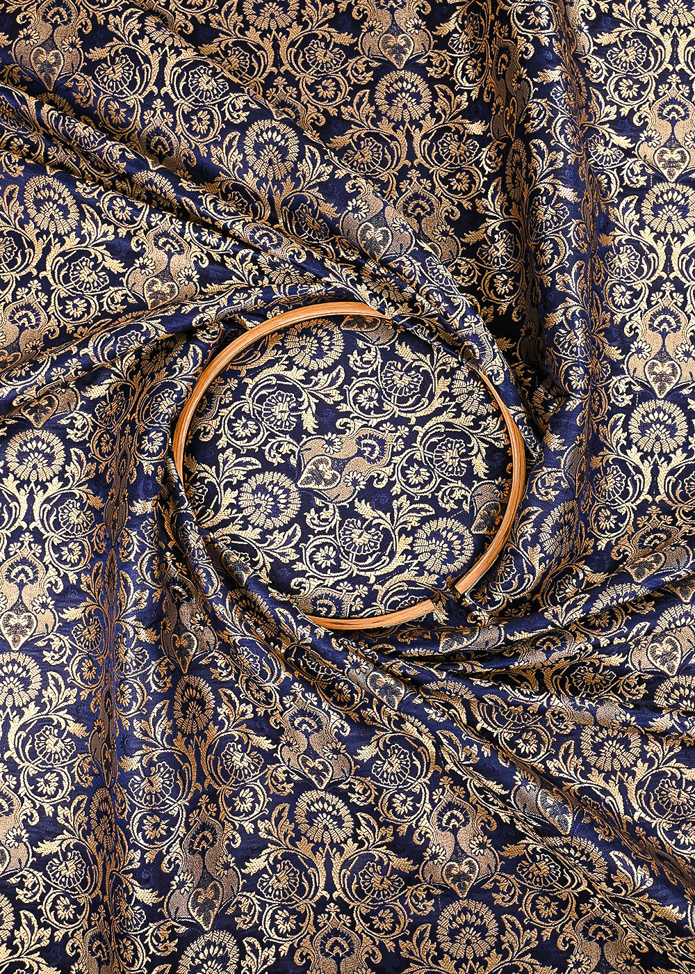 Navy Blue Banarasi Brocade Fabric With All Over Thered And Golden Zari Handloom 23479