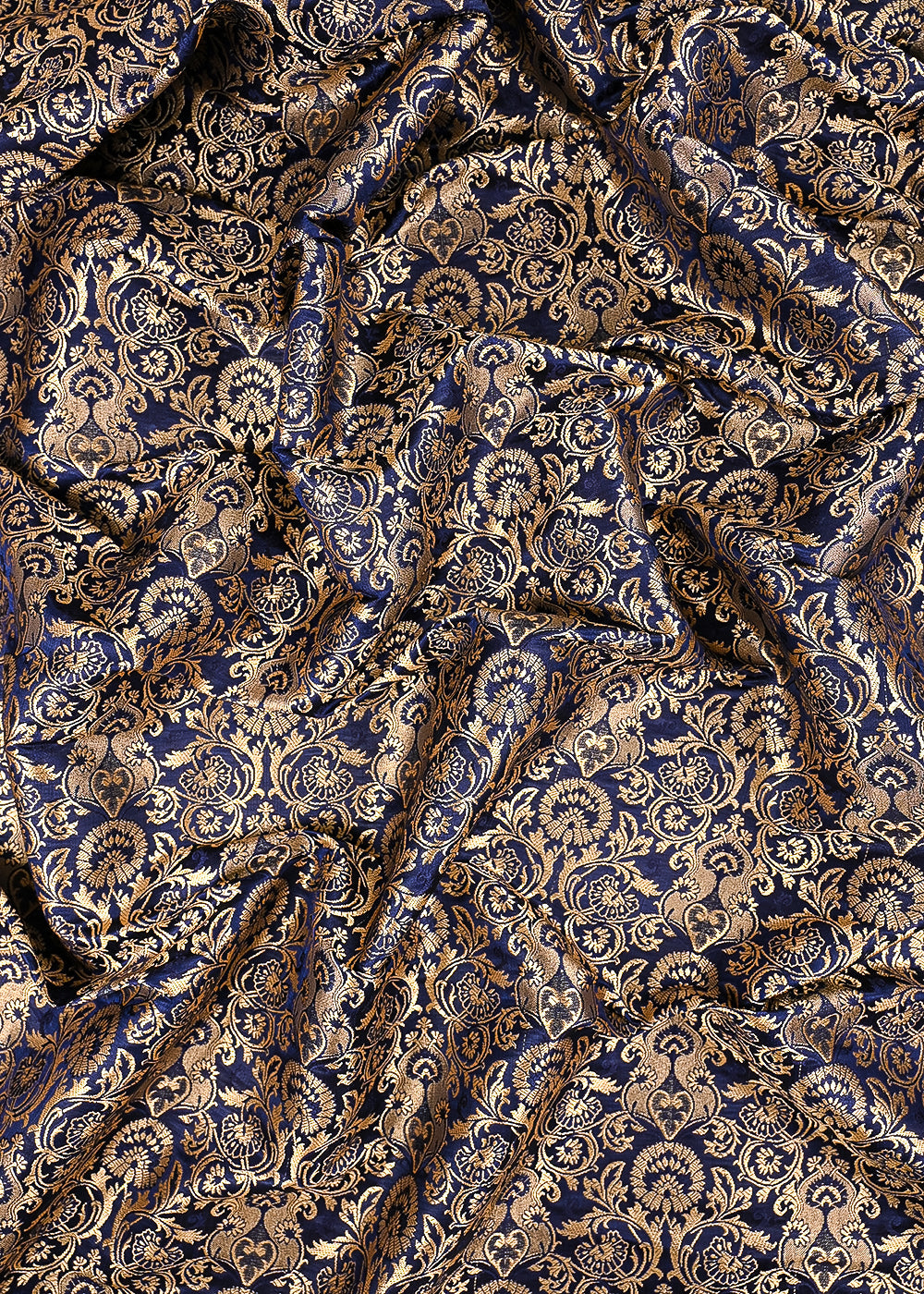 Navy Blue Banarasi Brocade Fabric With All Over Thered And Golden Zari Handloom 23479