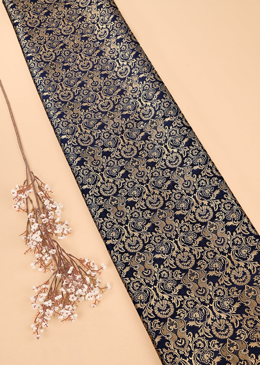 Navy Blue Banarasi Brocade Fabric With All Over Thered And Golden Zari Handloom 23479