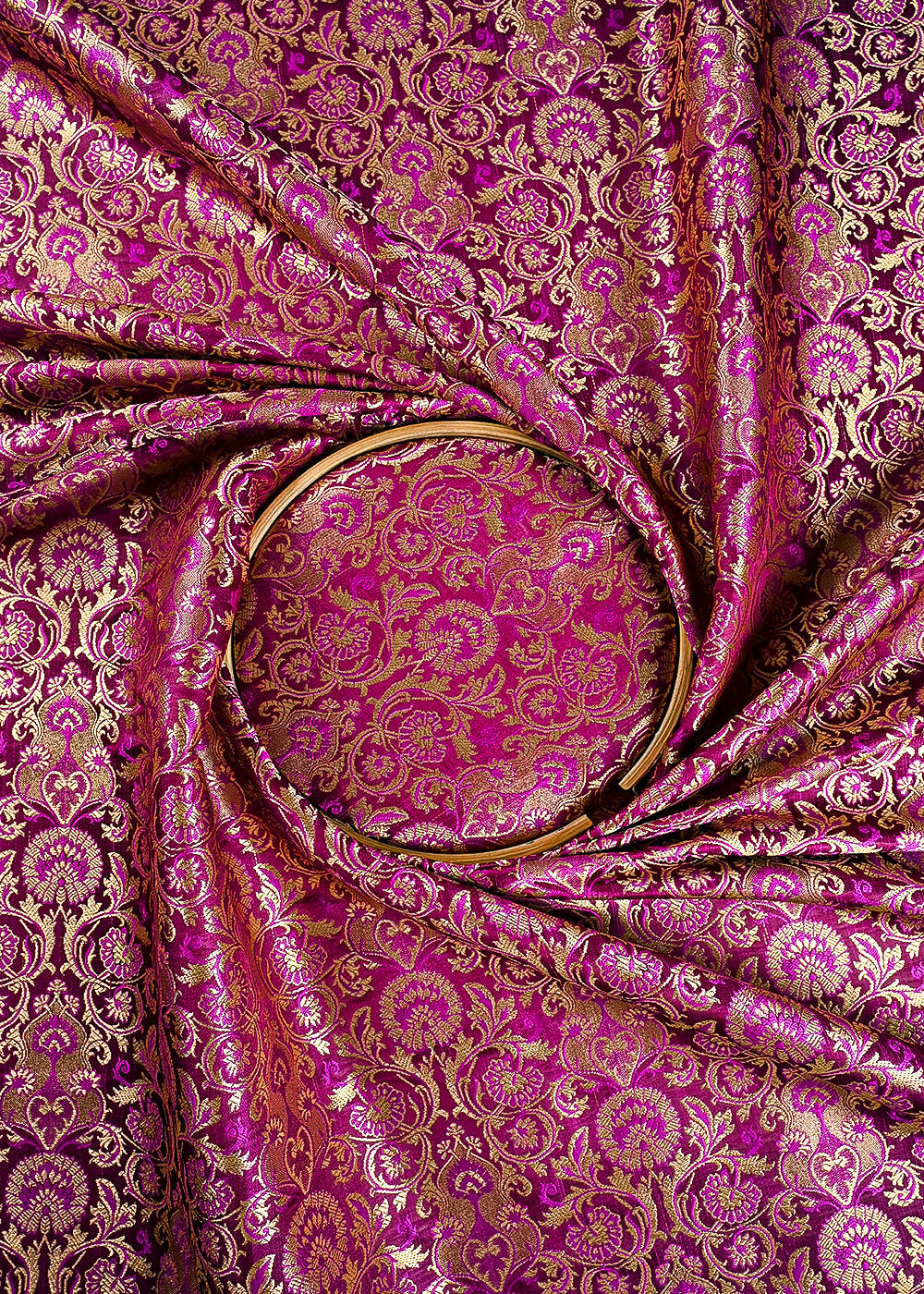 Purple Banarasi Brocade Fabric With All Over Thered And Golden Zari Handloom 23480