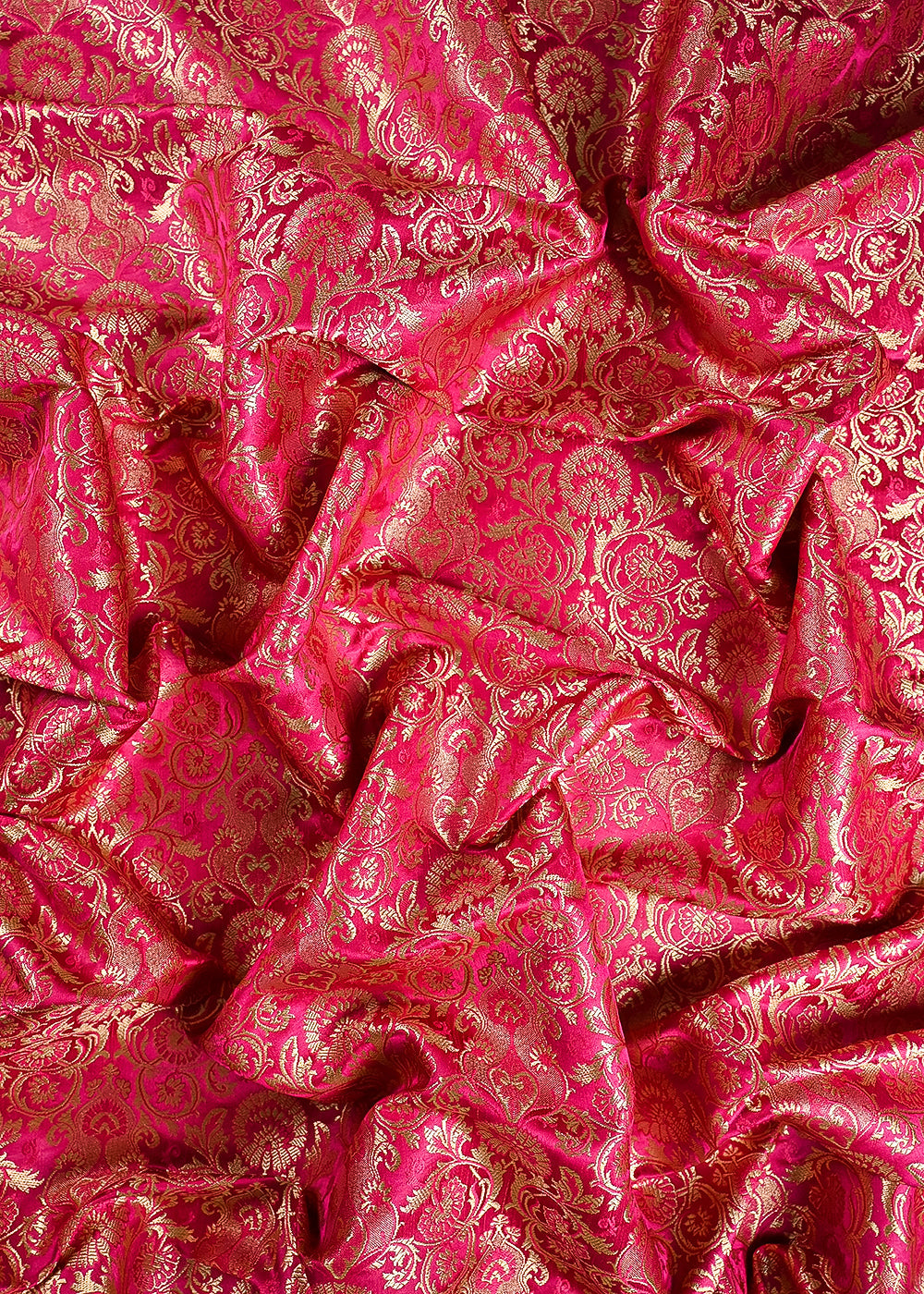 Rani Pink Banarasi Brocade Fabric With All Over Thered And Golden Zari Handloom 23481