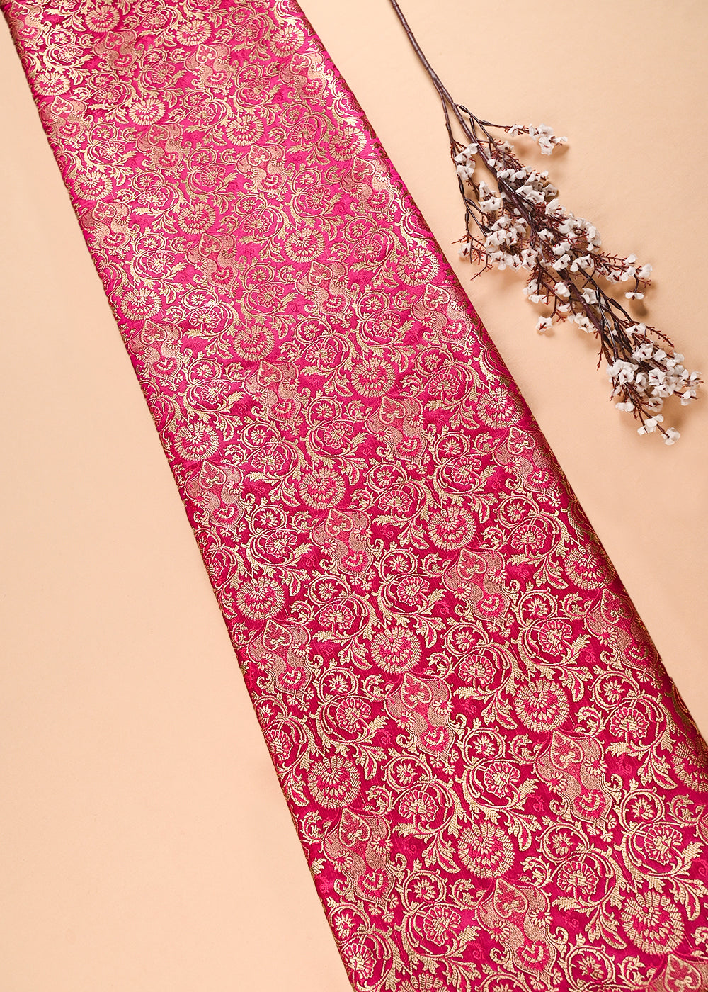 Rani Pink Banarasi Brocade Fabric With All Over Thered And Golden Zari Handloom 23481