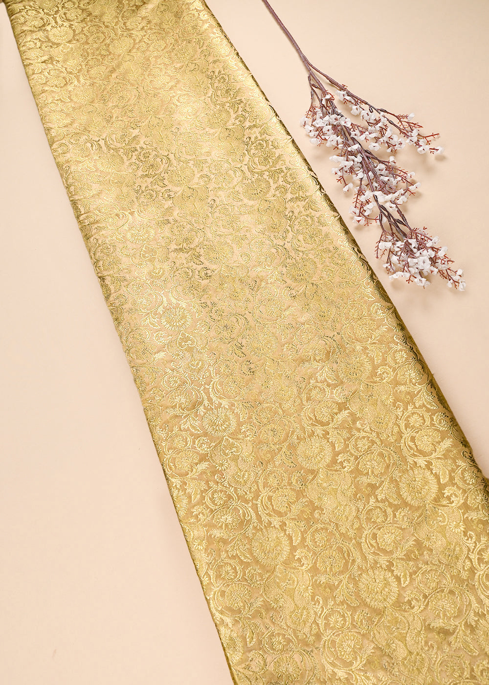 Golden Banarasi Brocade Fabric With All Over Thread And Golden Zari Handloom 23482