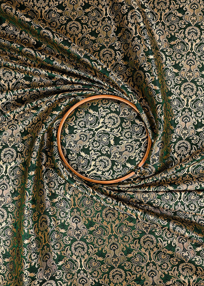 Bottle Green Banarasi Brocade Fabric With All Over Thread And Golden Zari Handloom 23483