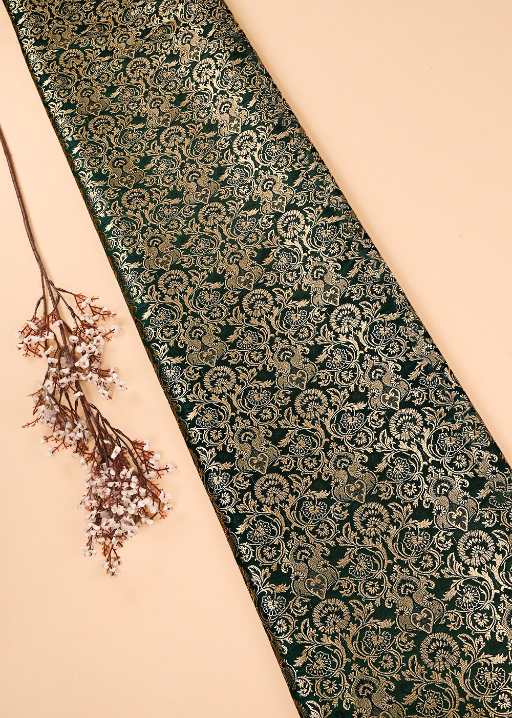Bottle Green Banarasi Brocade Fabric With All Over Thered And Golden Zari Handloom 23483