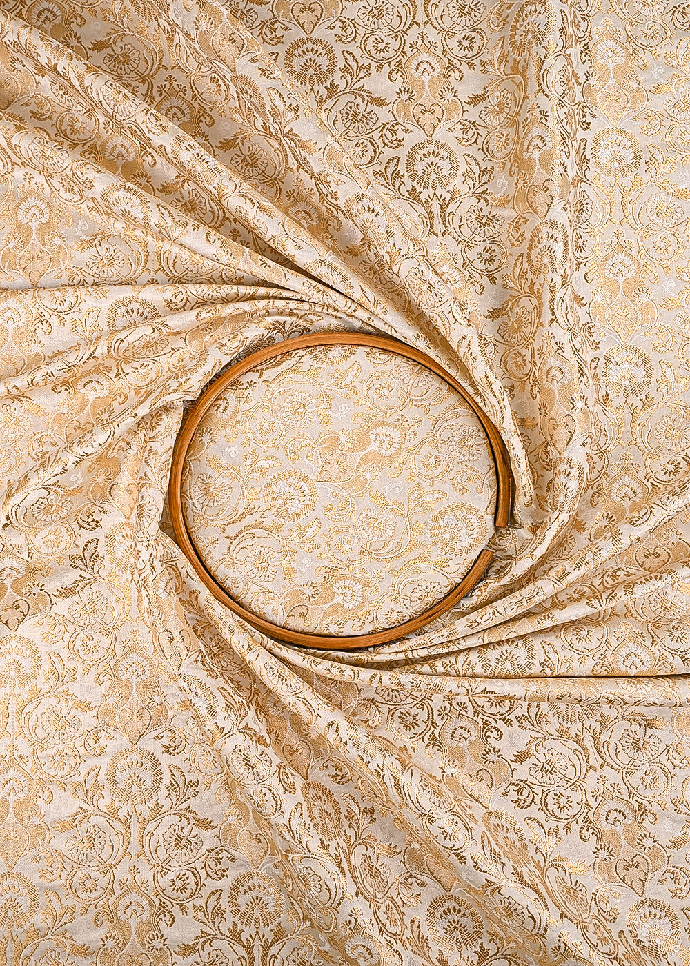 Cream Banarasi Brocade Fabric With All Over Thered And Golden Zari Handloom 23484