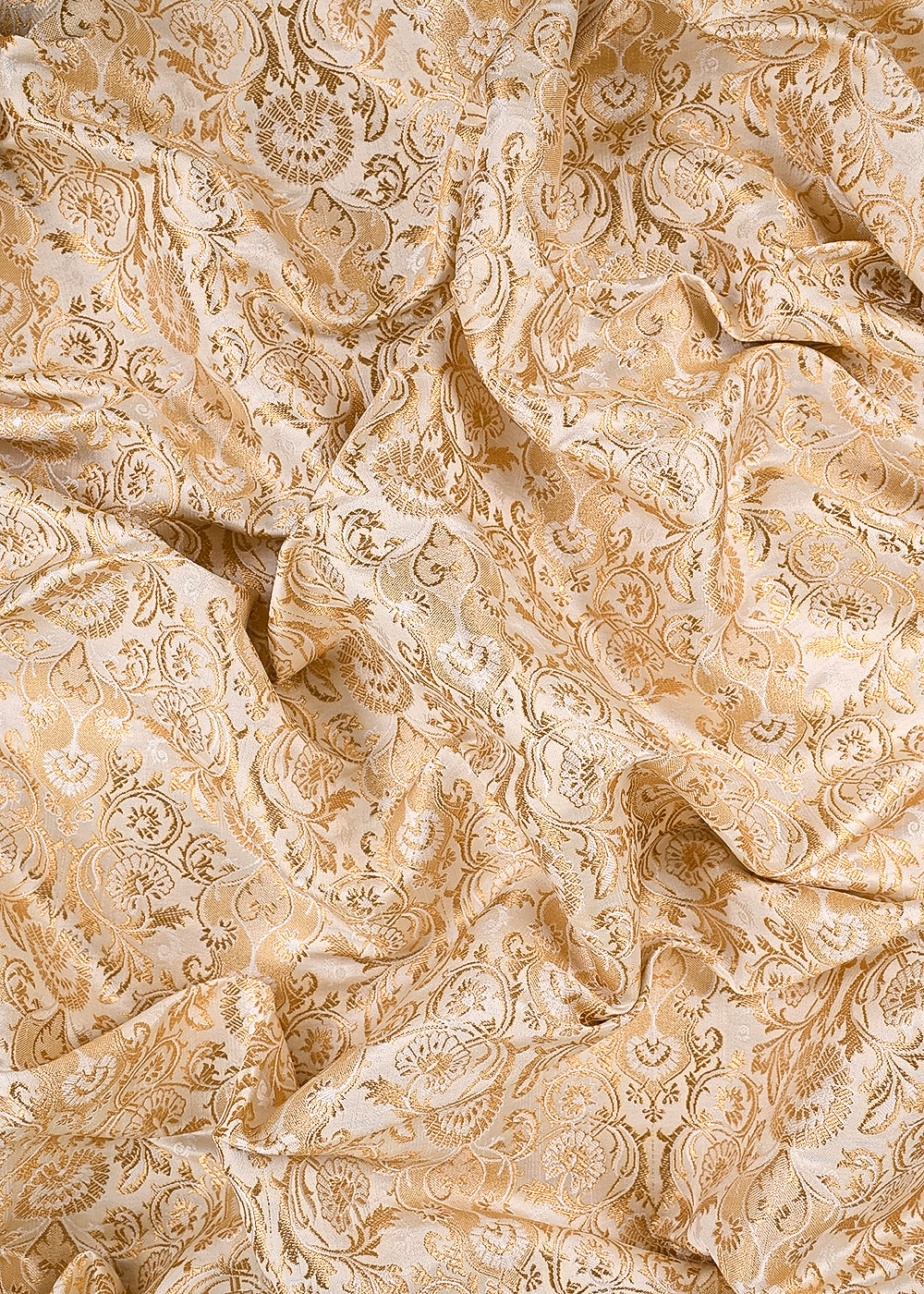 Cream Banarasi Brocade Fabric With All Over Thered And Golden Zari Handloom 23484