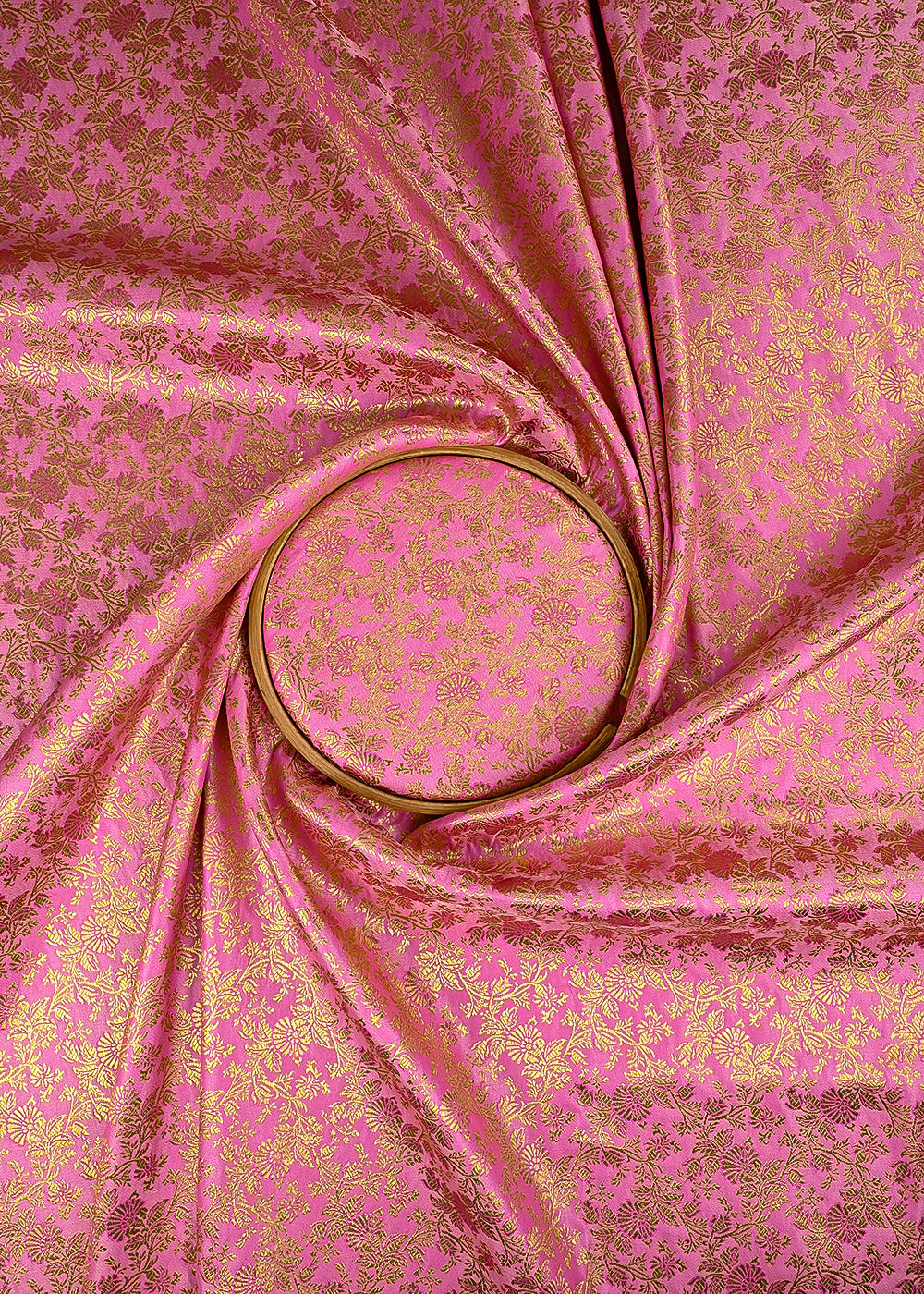 Pink Banarasi Brocade Fabric With All Over Thered And Golden Zari Handloom 23489