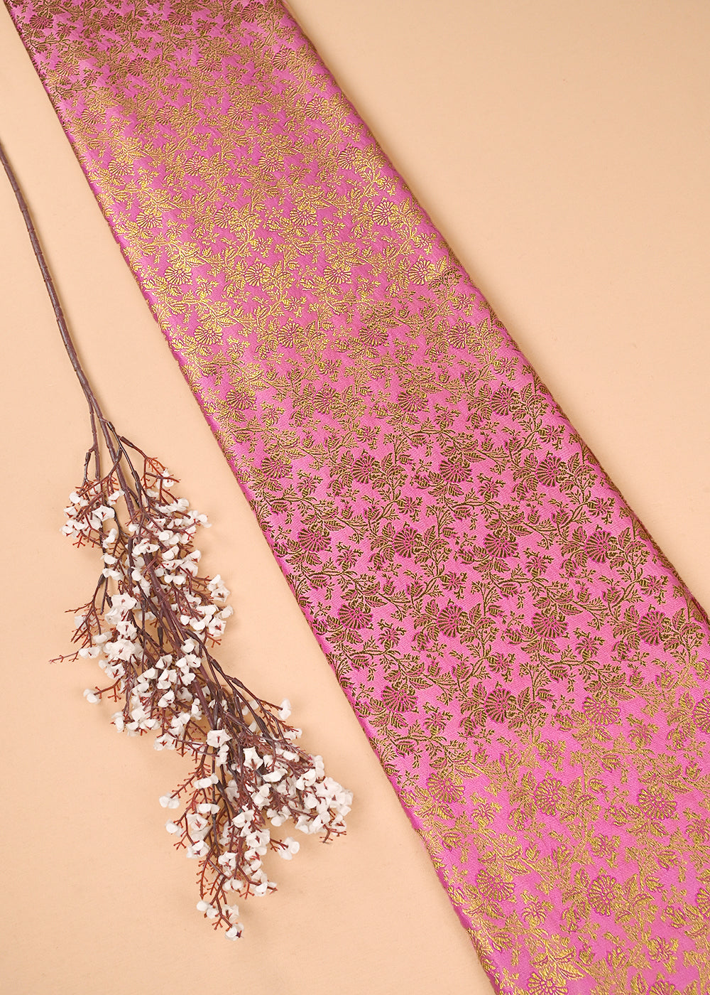 Pink Banarasi Brocade Fabric With All Over Thered And Golden Zari Handloom 23489
