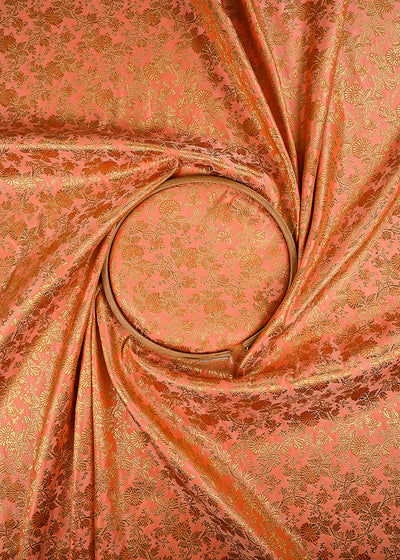 Peach Banarasi Brocade Fabric With All Over Thread And Golden Zari Handloom 23492