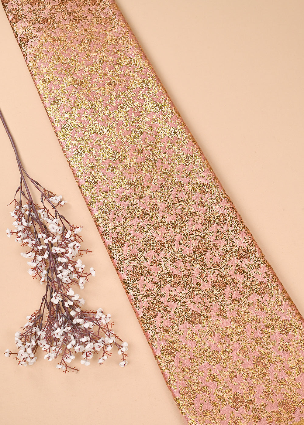 Blush Pink Banarasi Brocade Fabric With All Over Thered And Golden Zari Handloom 23493