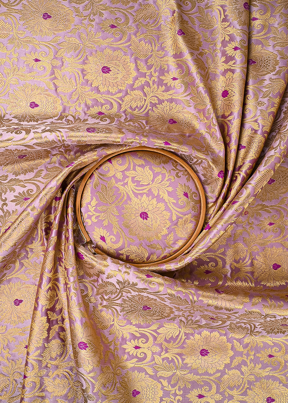 Lavender Banarasi Brocade Fabric With All Over Thered And Golden Zari Handloom 23496