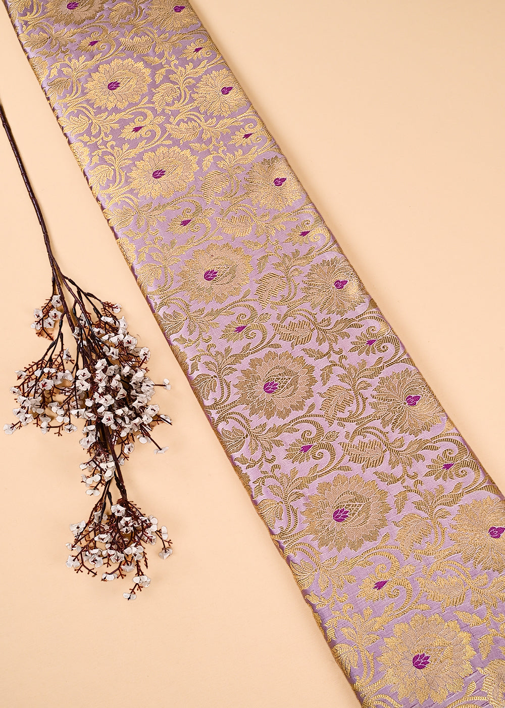 Lavender Banarasi Brocade Fabric With All Over Thered And Golden Zari Handloom 23496