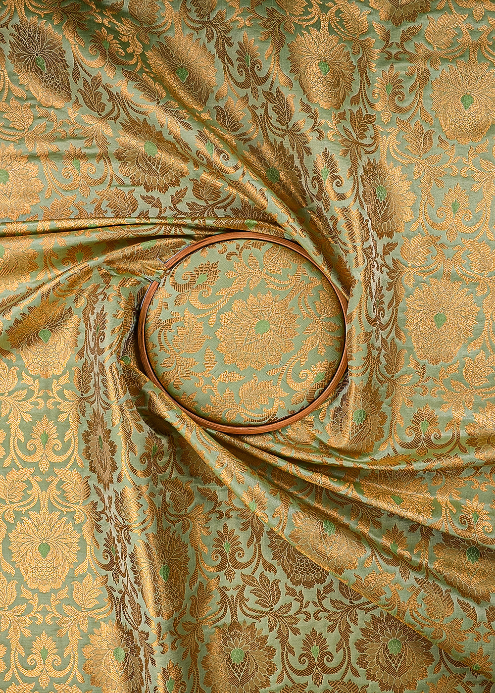 Pista Green Banarasi Brocade Fabric With All Over Thered And Golden Zari Handloom 23498