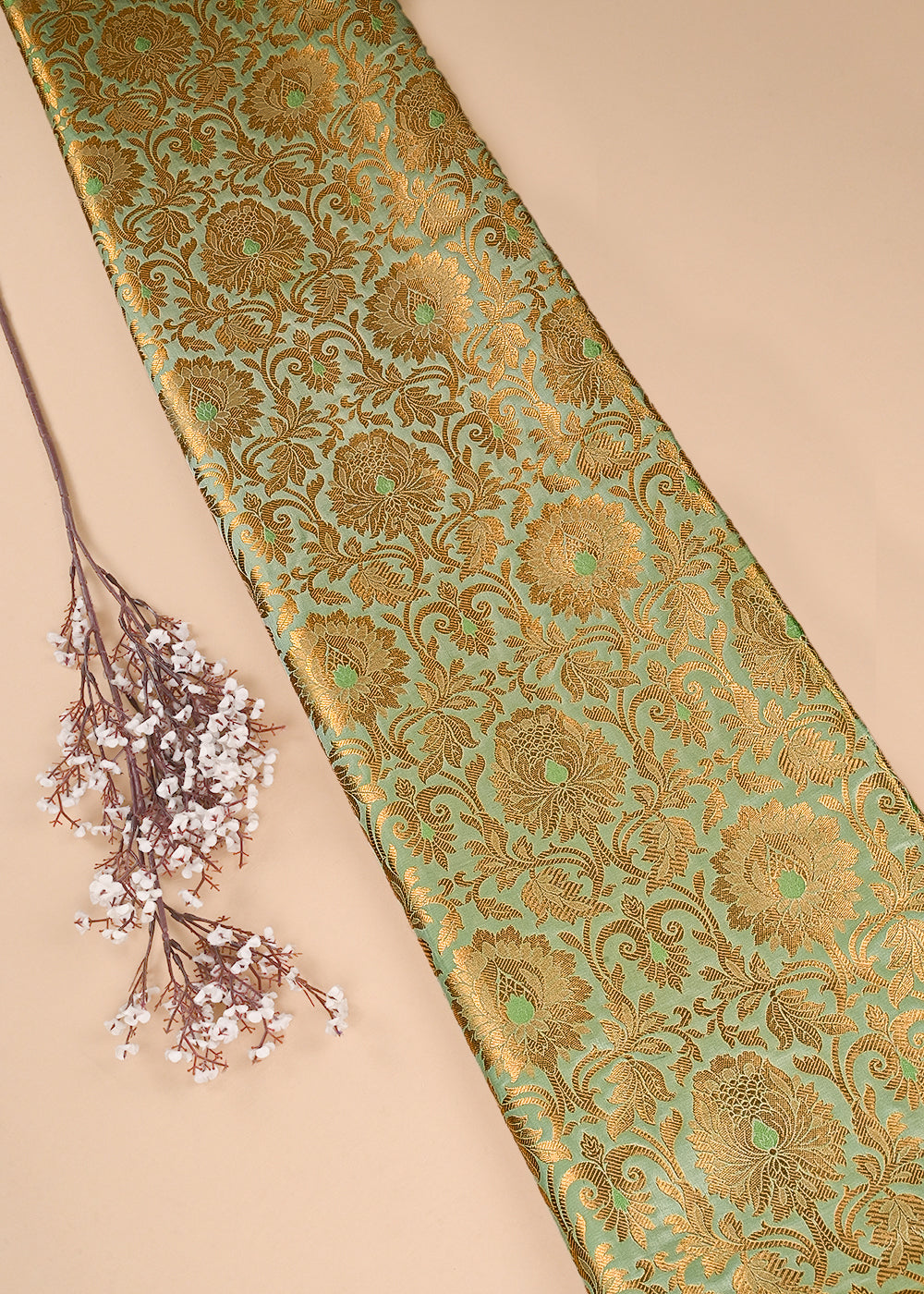 Pista Green Banarasi Brocade Fabric With All Over Thered And Golden Zari Handloom 23498