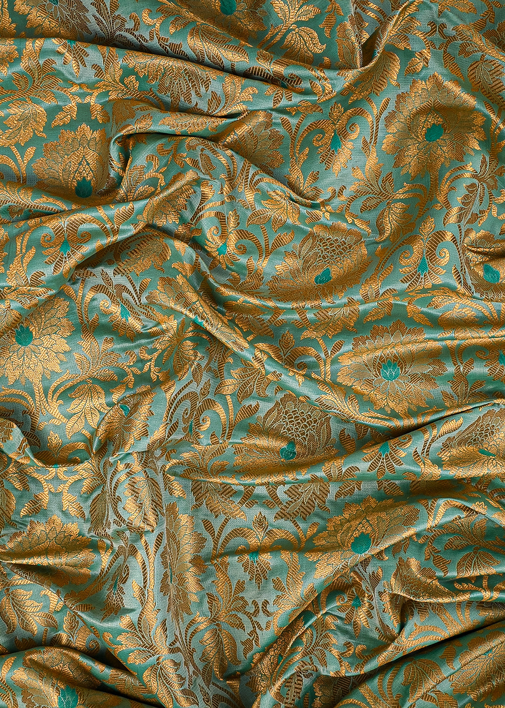 Mint Green Banarasi Brocade Fabric With All Over Thered And Golden Zari Handloom 23499