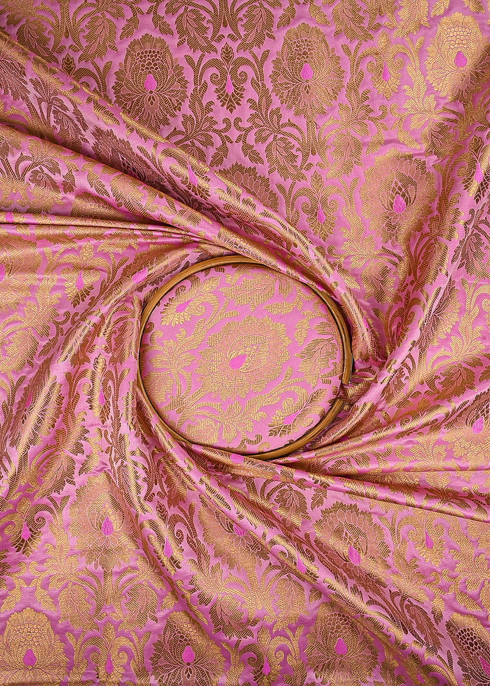 Pink Banarasi Brocade Fabric With All Over Thered And Golden Zari Handloom 23500