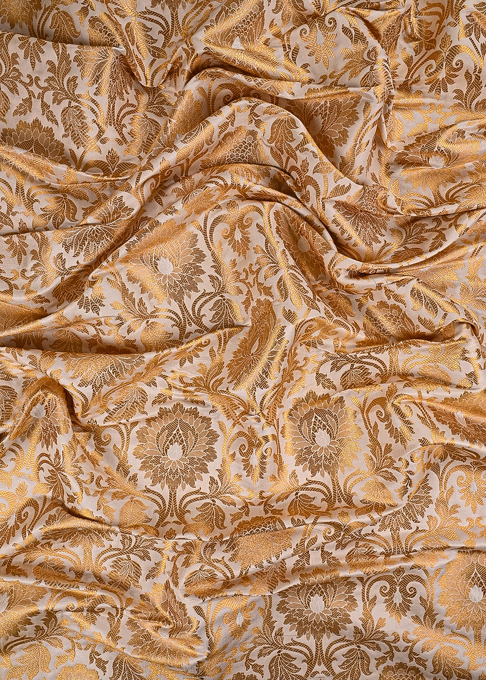 Off White Banarasi Brocade Fabric With All Over Thered And Golden Zari Handloom 23501