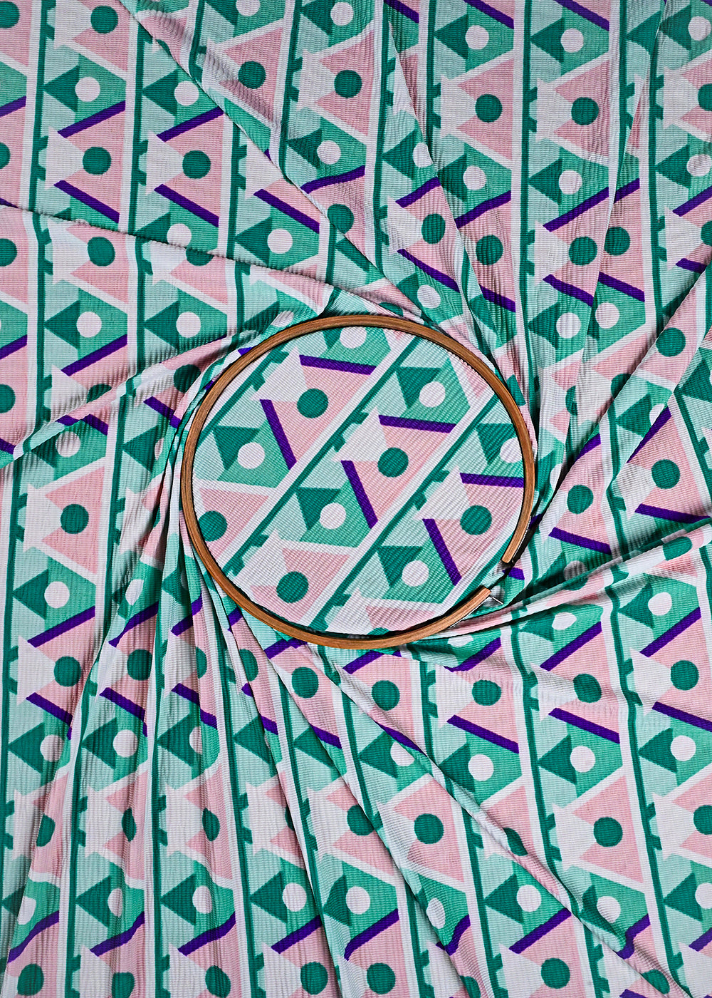 Mint Green Wrinkled Satin Fabric With All Over Geometric Print 23516