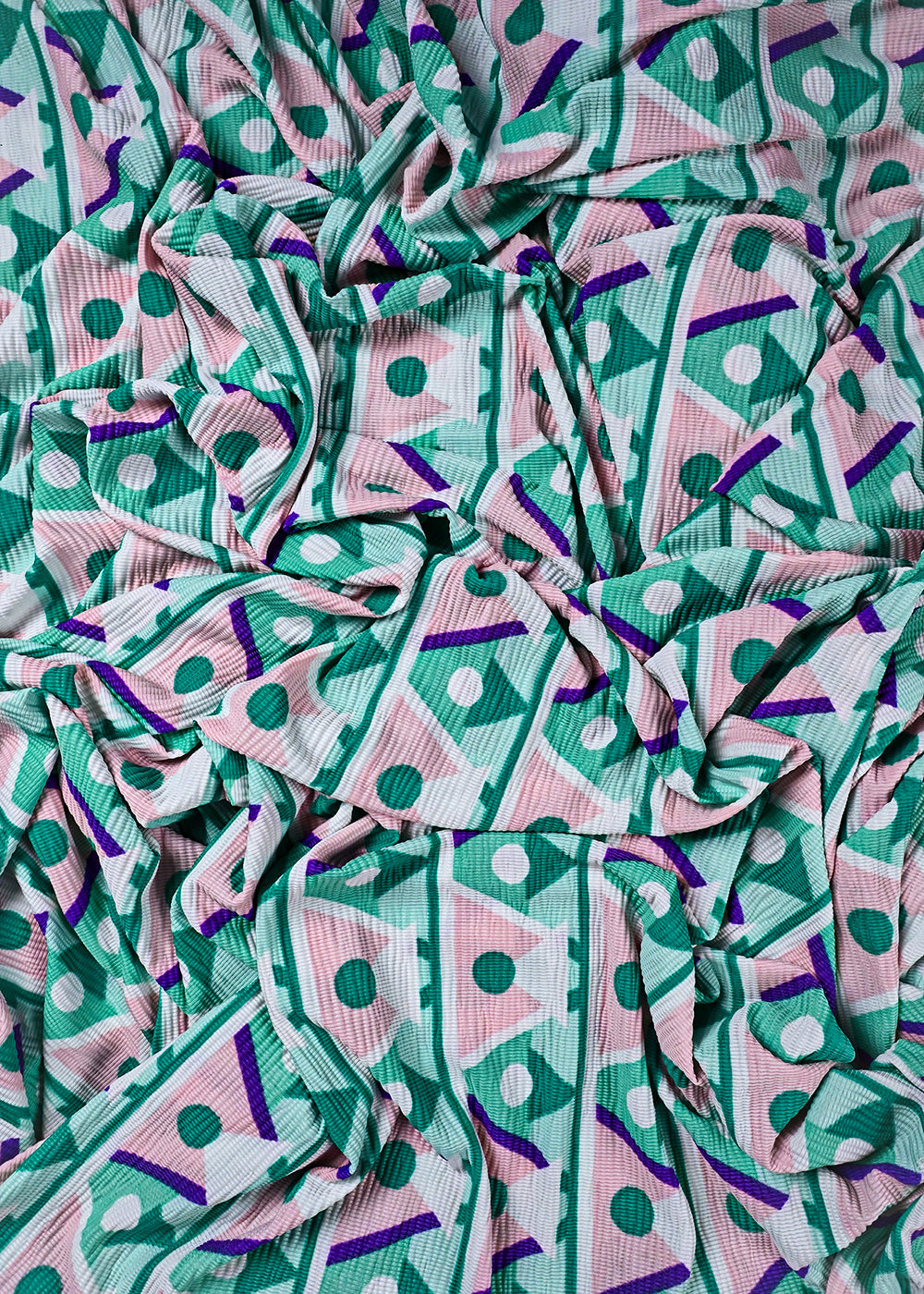 Mint Green Wrinkled Satin Fabric With All Over Geometric Print 23516