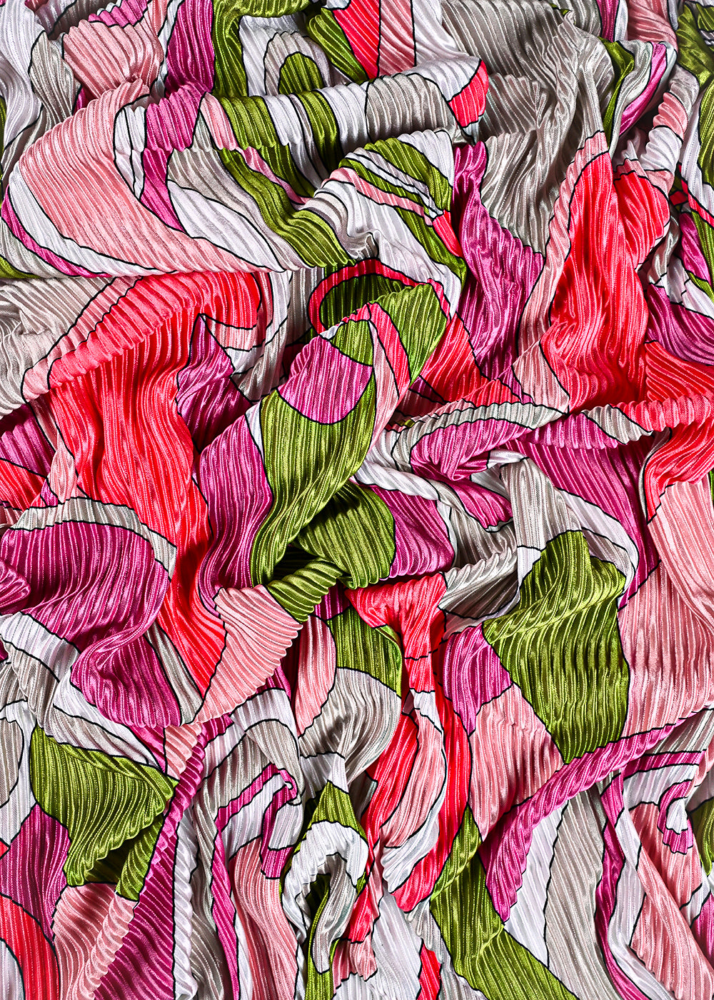 Multi Colour Pleated Satin Fabric With All Over Abstract Print 23519
