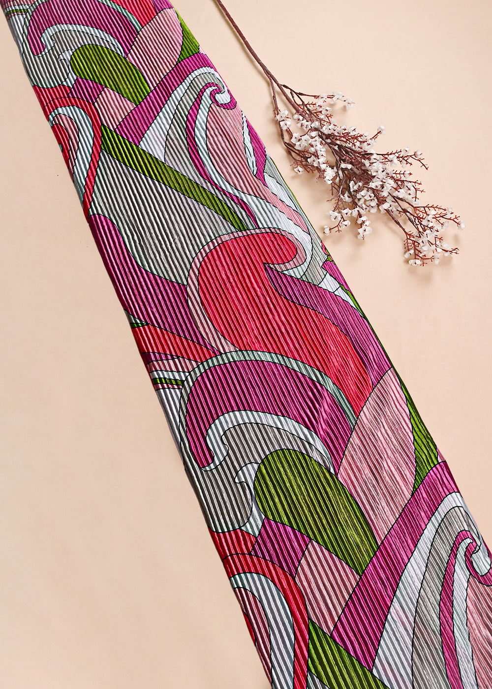 Multi Colour Pleated Satin Fabric With All Over Abstract Print 23519