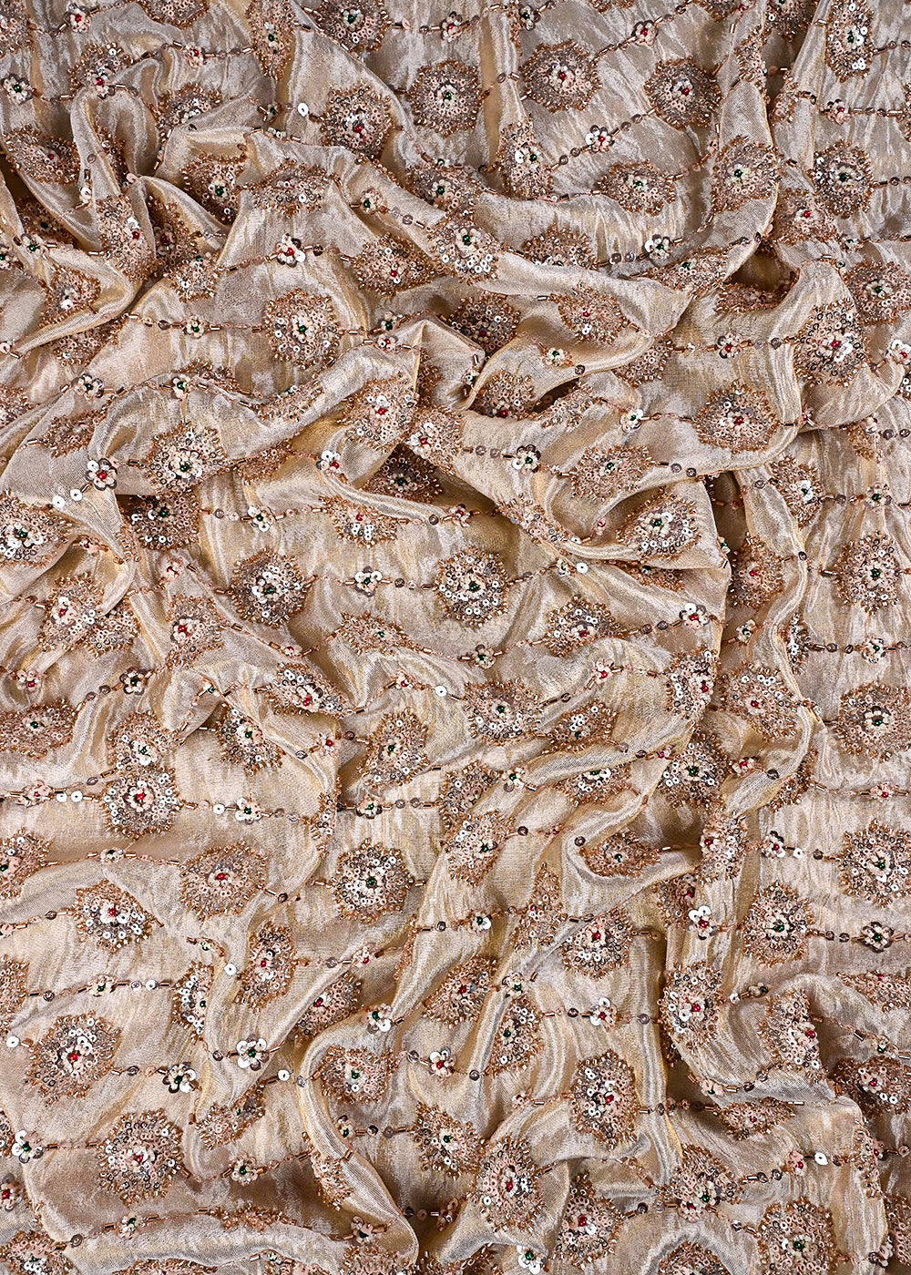 Golden Dyeable Tissue Fabric With All Over Sequins, Katdana And Bead Work 23526