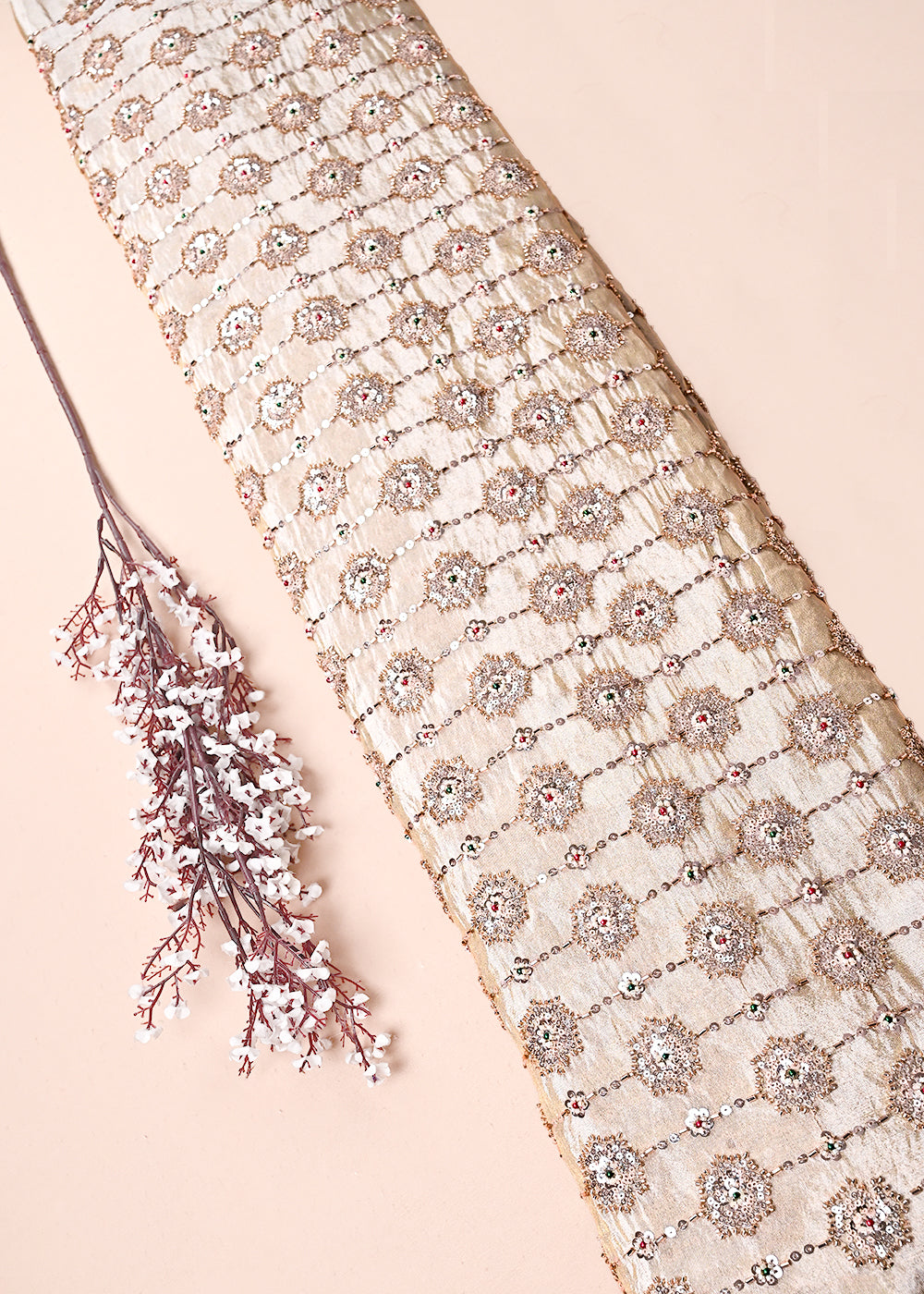 Golden Dyeable Tissue Fabric With All Over Sequins, Katdana And Bead Work 23526