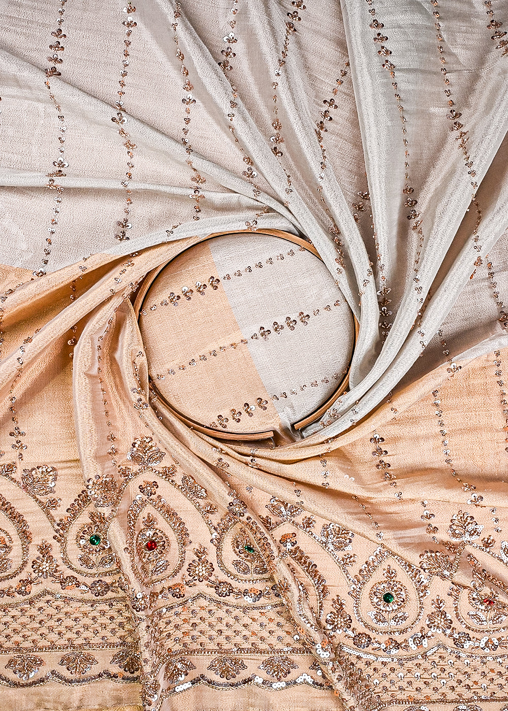 Golden And Silver Dyeable Tissue Fabric With All Over Sequins, Katdana, Bead, Zari And Stone Work With One Side Heavy Border 23527