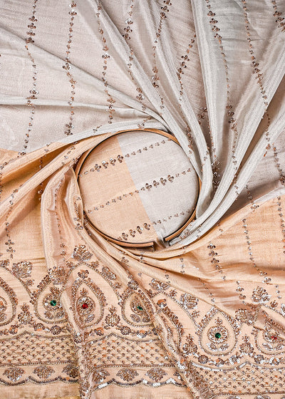 Golden And Silver Dyeable Tissue Fabric With All Over Sequins, Katdana, Bead, Zari And Stone Work With One Side Heavy Border 23527
