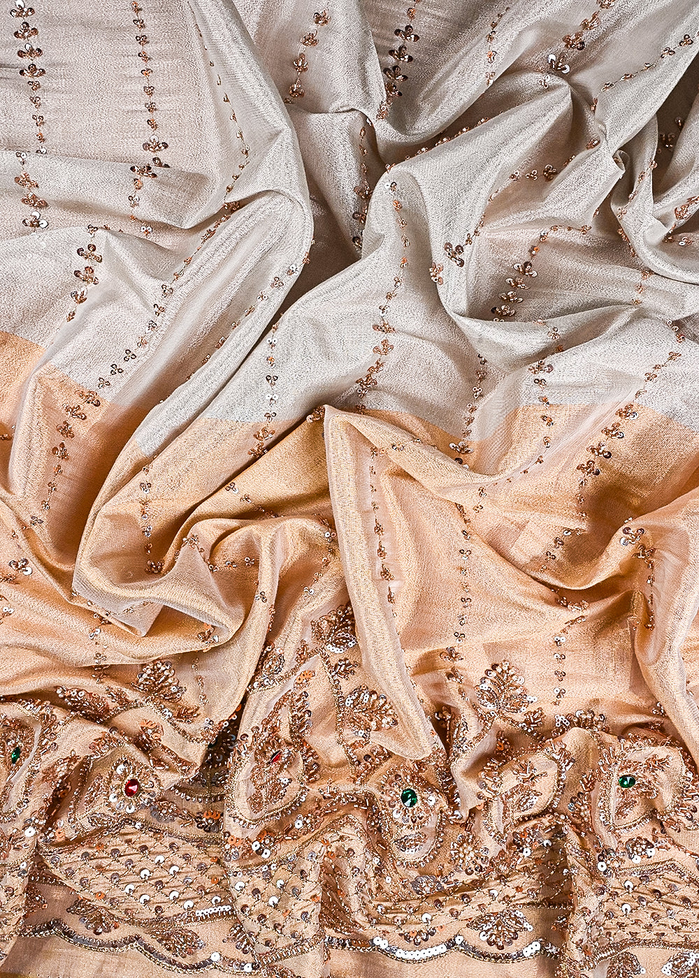 Golden And Silver Dyeable Tissue Fabric With All Over Sequins, Katdana, Bead, Zari And Stone Work With One Side Heavy Border 23527